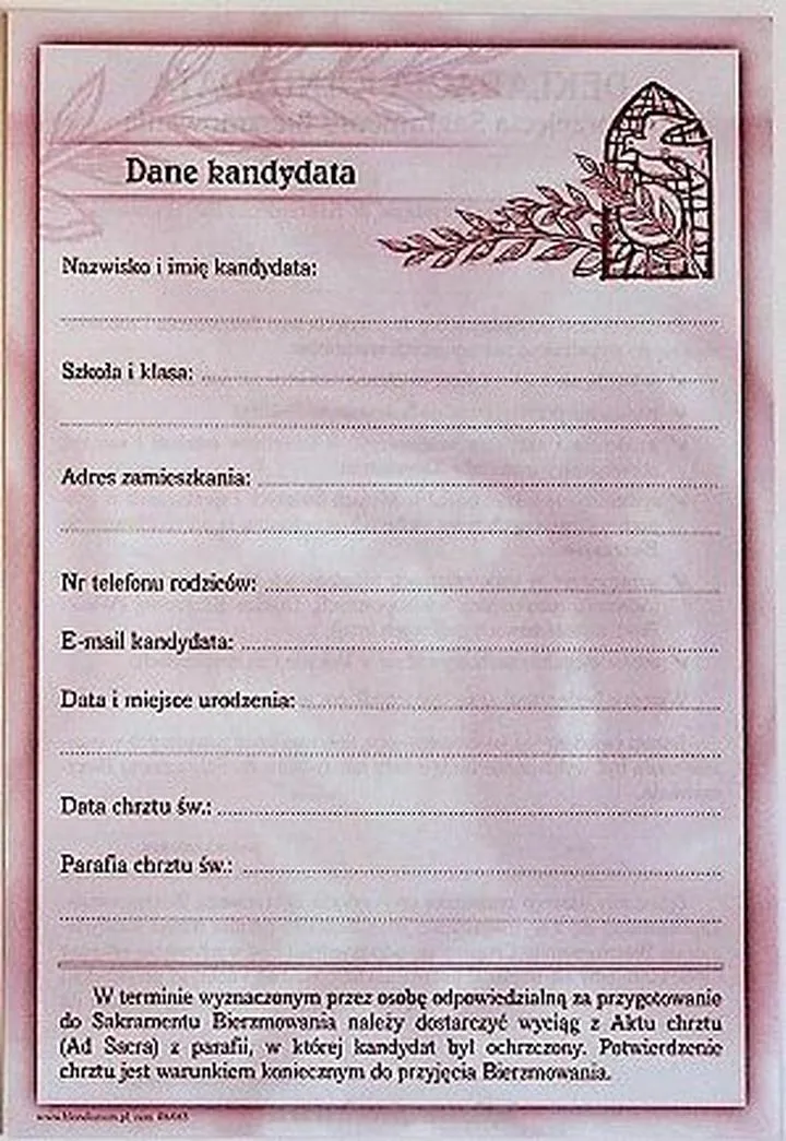 Wypełnianie deklaracji kandydata do bierzmowania
